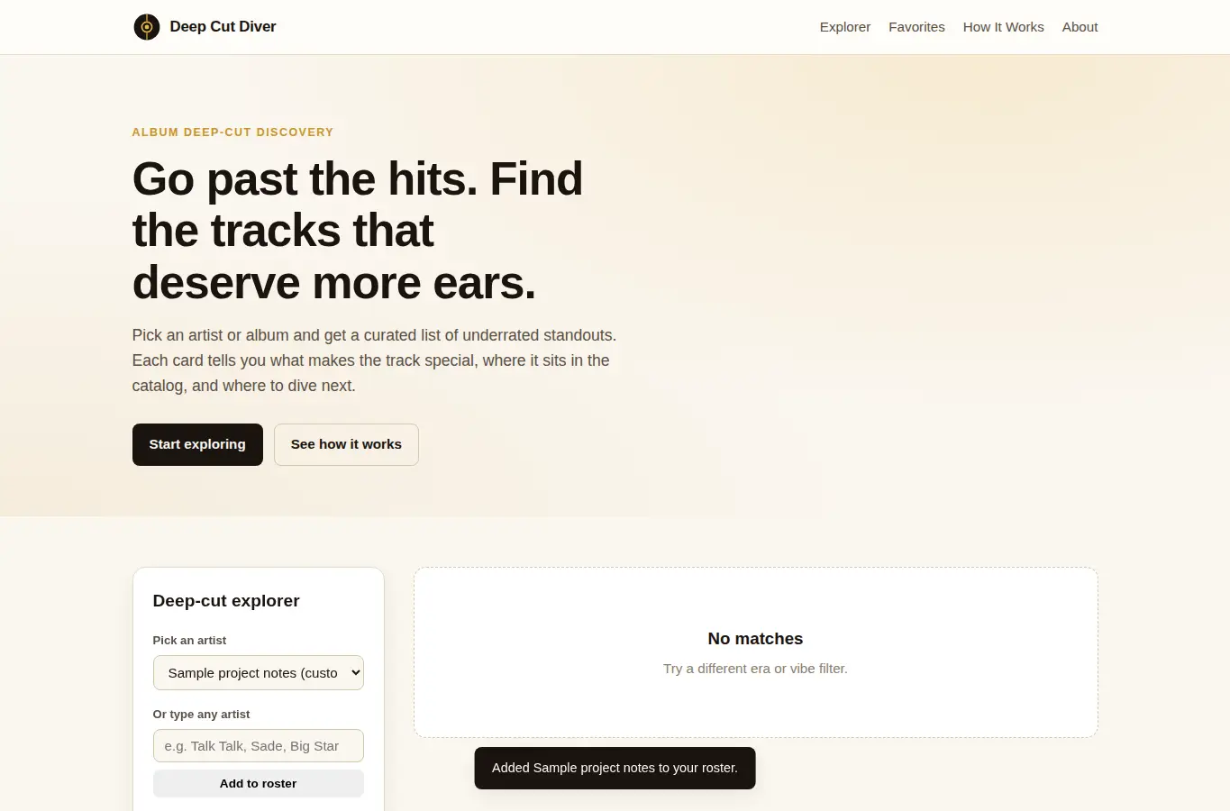 Screenshot of Deep Cut Diver interface showing the project page in use